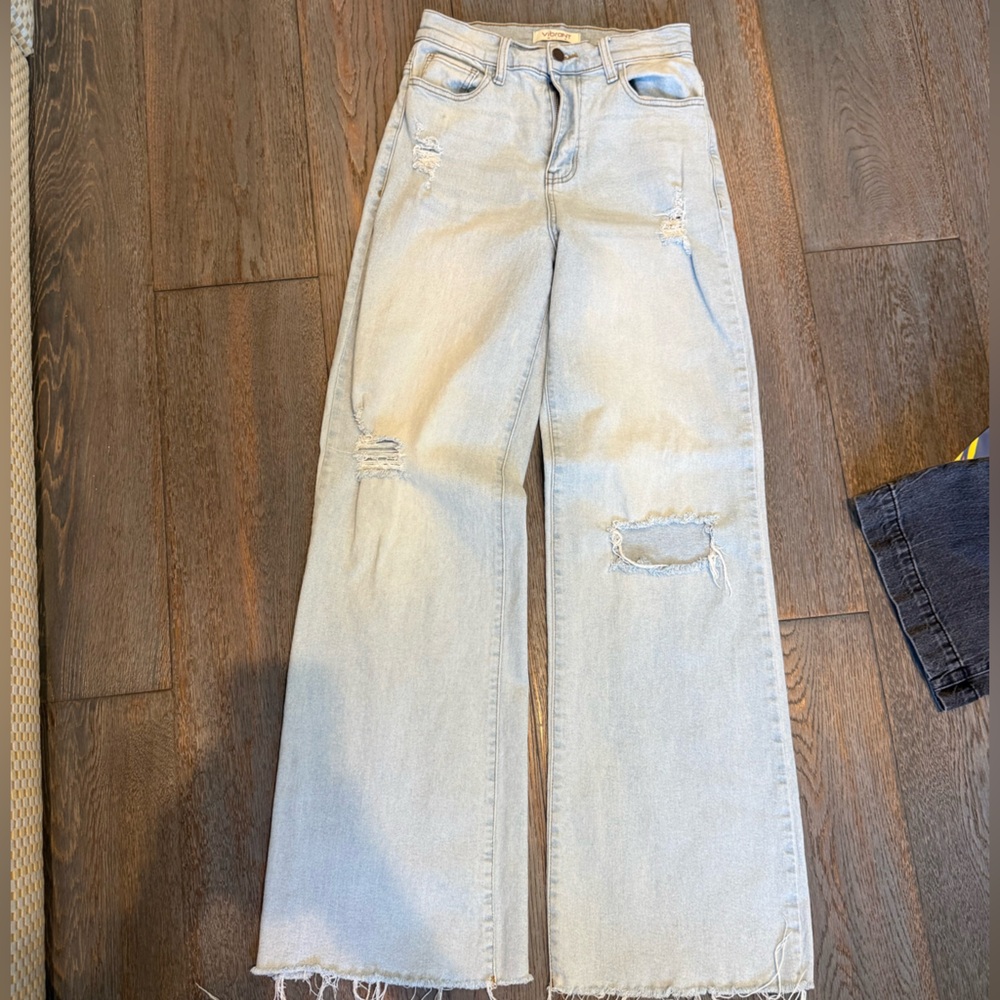 Vibrant Light Blue Distressed Wide-Leg Jeans